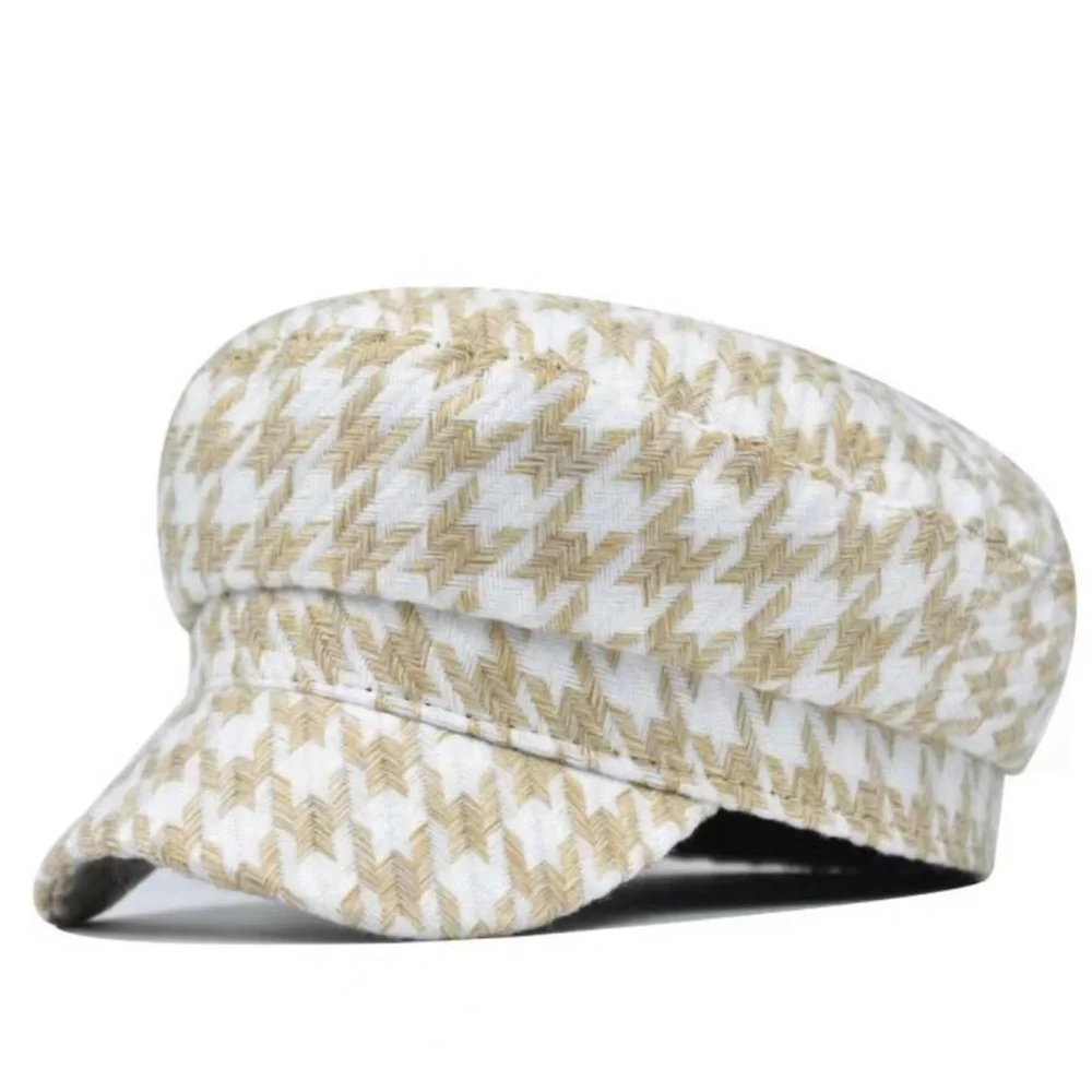 Boho Classic Houndstooth Newsboy Cap | Stylish Beige & White Baker Boy Hat